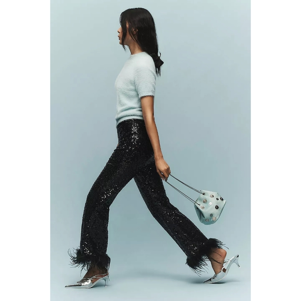 Anthropologie X Hutch Sequin Feather Trim Flare Pants